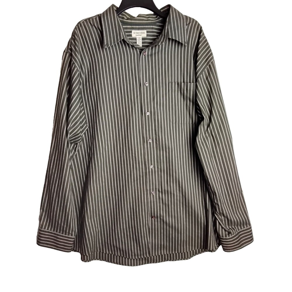 St Johns Bay Shirt Mens XXL Tall Long Sleeve Gray Striped Button Up Iron Free